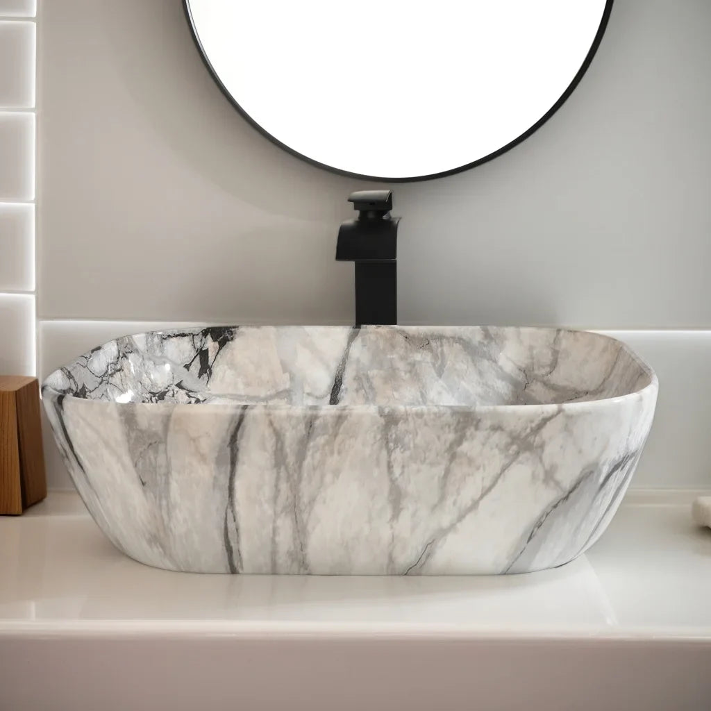 Torayvino Marble Pattern Ceramic Vessel Sink Set Matte Faucet