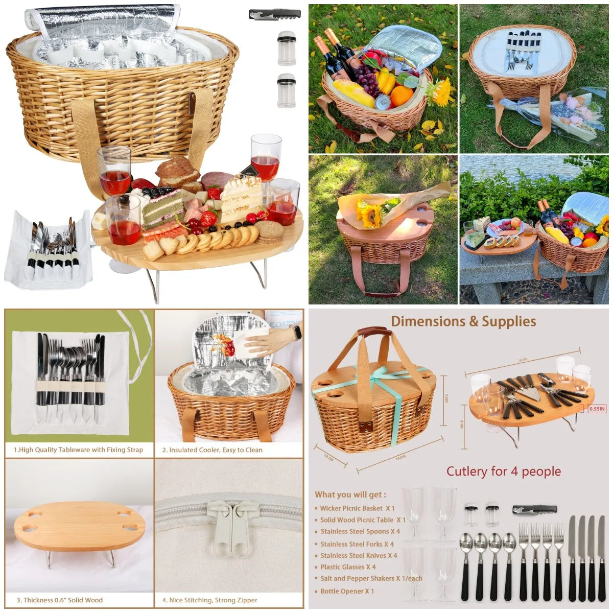YTYIN Wicker Picnic Basket Set For Four With Insulated Cooler