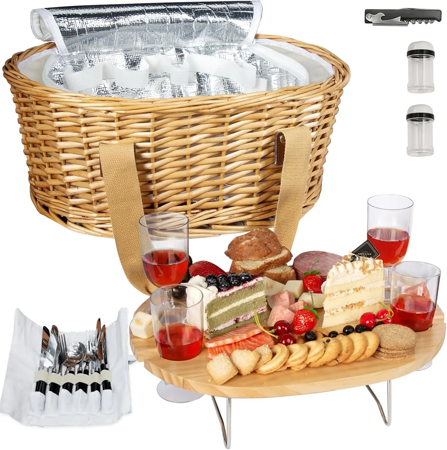 YTYIN Wicker Picnic Basket Set For Four With Insulated Cooler