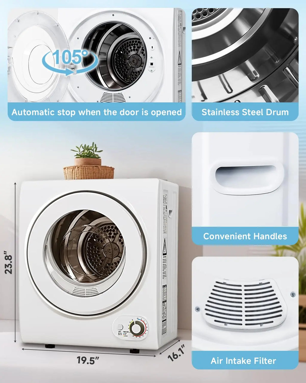 110V Portable Dryer 850W Stainless Steel Tub Four Automatic Modes