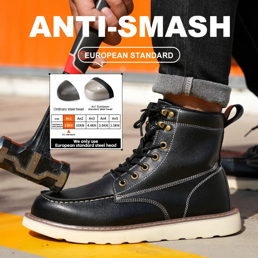 Two layer cowhide men's anti-smash anti-puncture high top work safety shoes