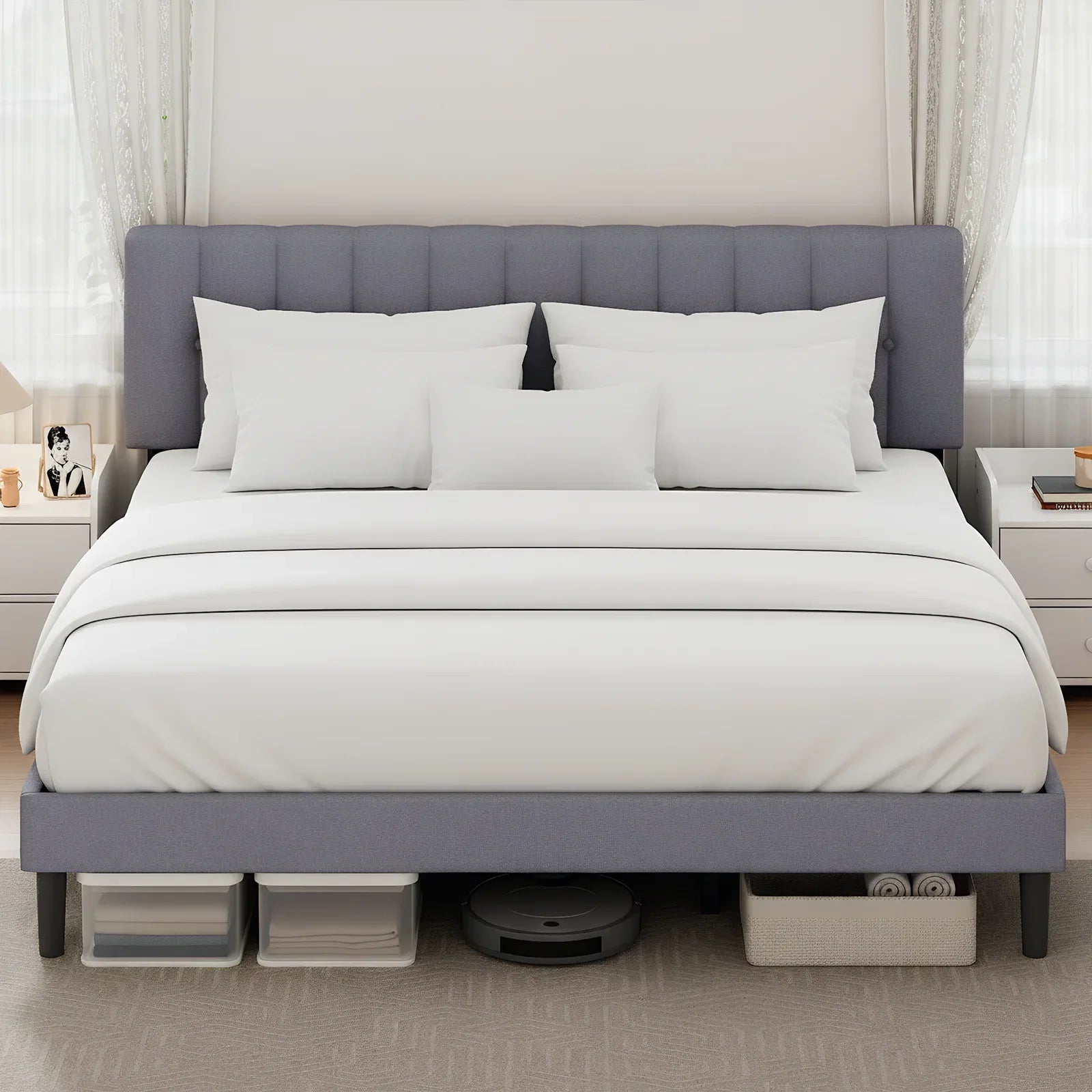 JHK Wooden Upholstered Platform Bed With Adjustable Headboard