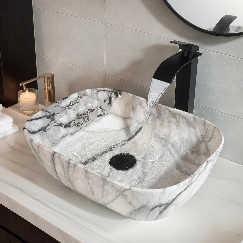 Torayvino Marble Pattern Ceramic Vessel Sink Set Matte Faucet