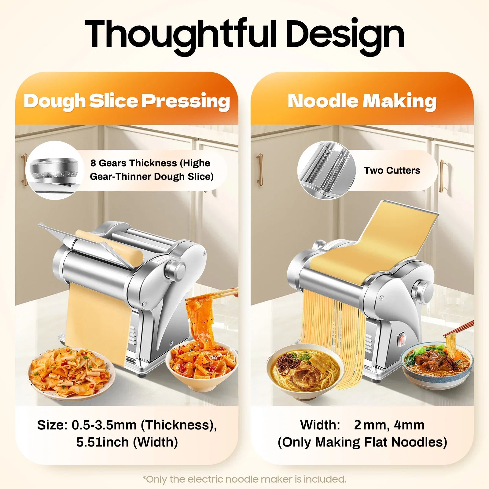 Electric Noodle Maker 135W Stainless Steel With 8-Speed Thickness Control