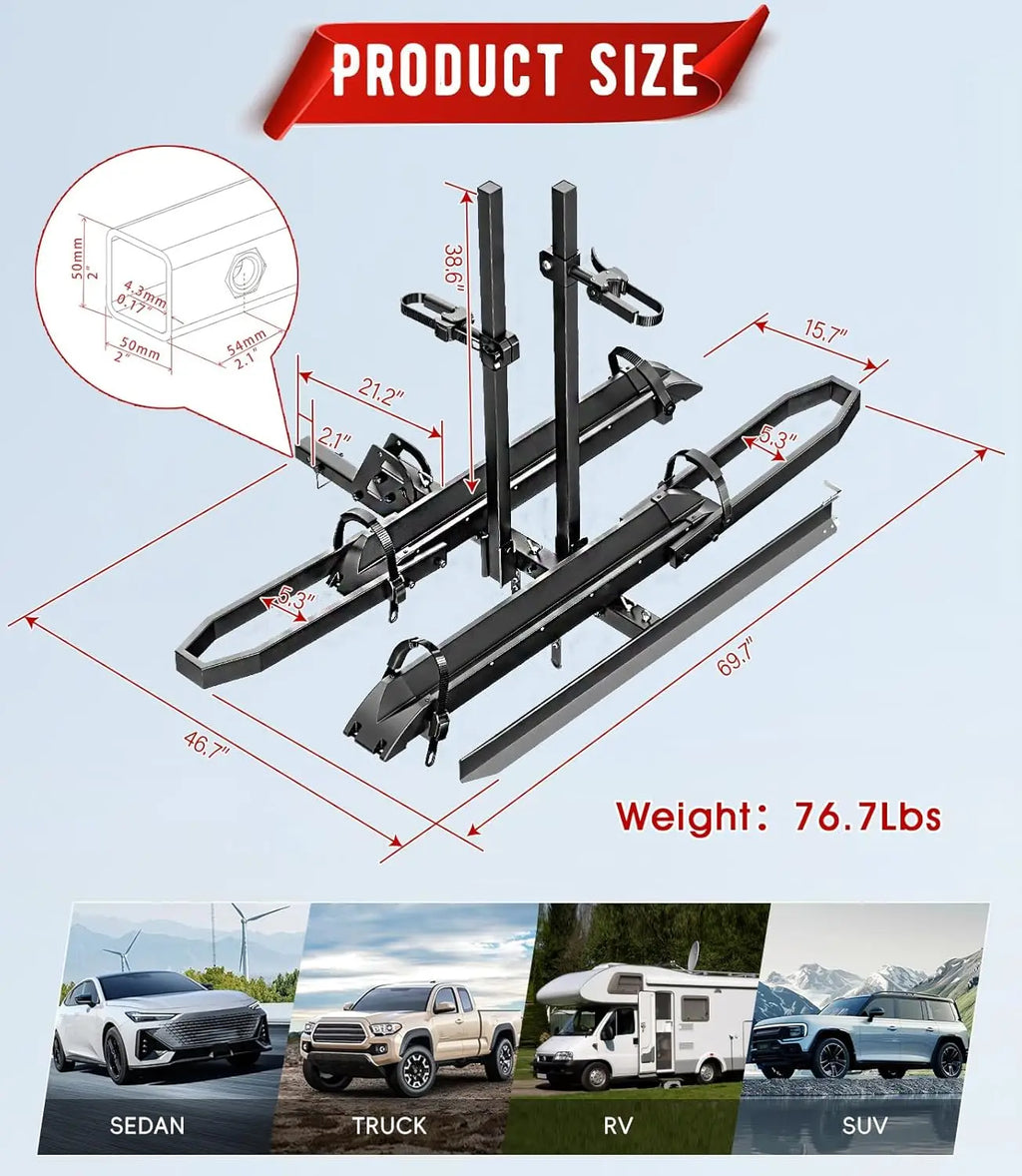 Ebike Rack With Ramp Foldable Tow Hitch Carrier For Two Fat Tire Bikes 300lb
