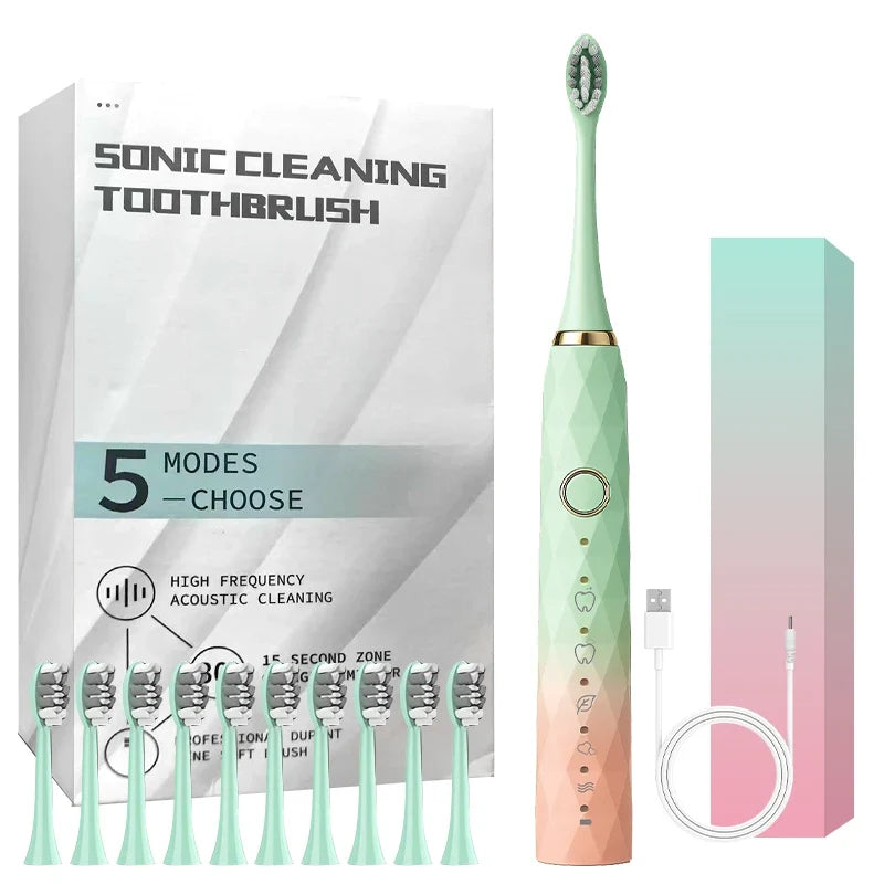 Electric Toothbrush Rotary With Timer Waterproof USB Rechargeable 10 Heads