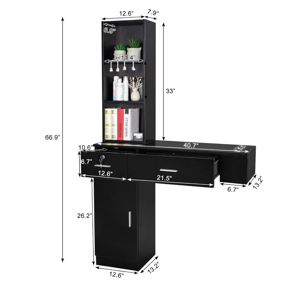 Wall Mount Barber Station With Storage Cabinet For Salons
