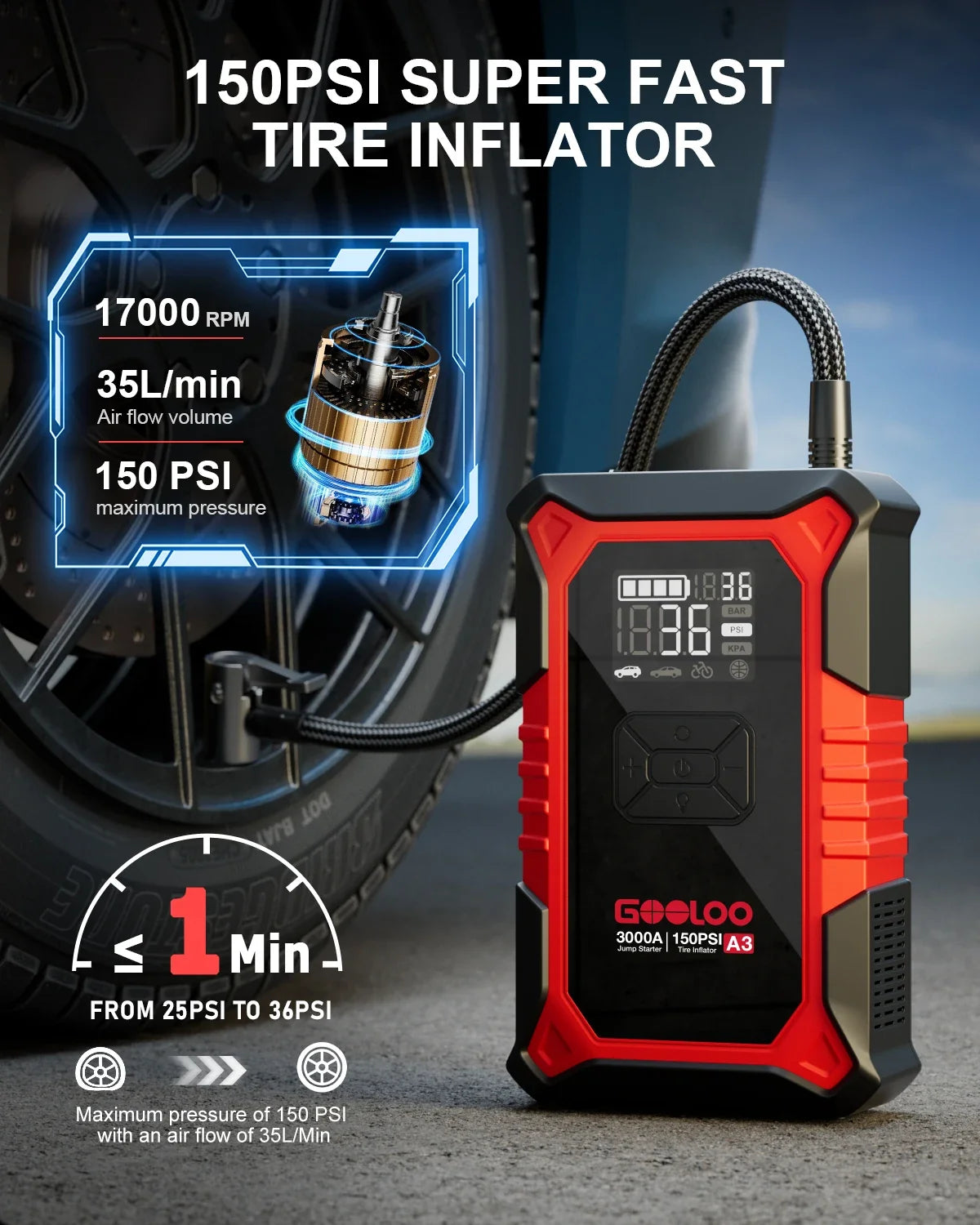 GOOLOO A3 Jump Starter With Air Compressor 3000A Car Booster
