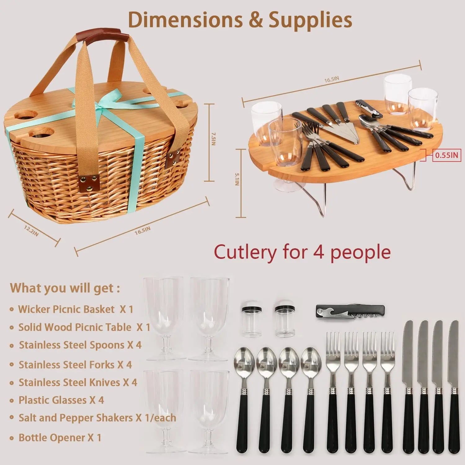 YTYIN Wicker Picnic Basket Set For Four With Insulated Cooler