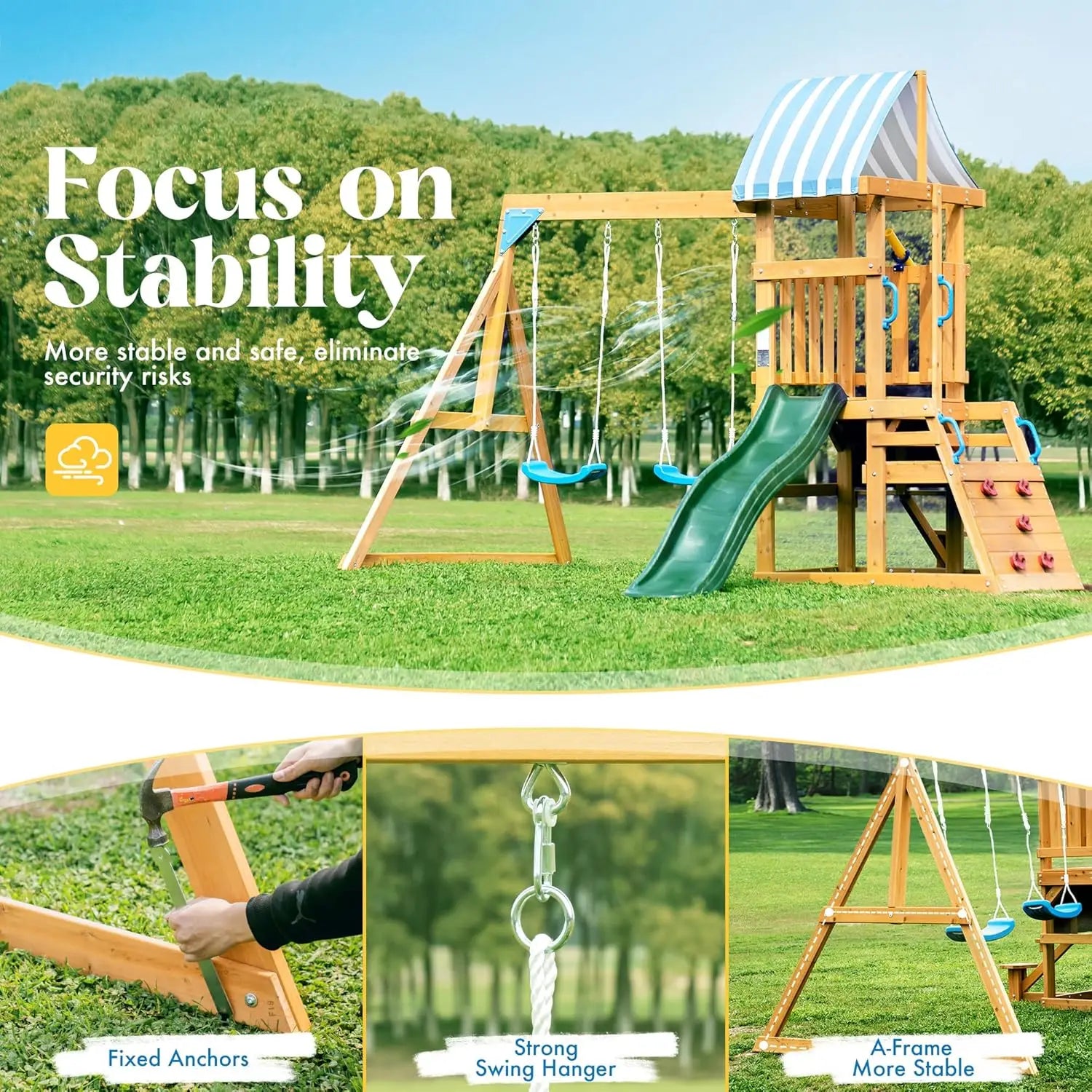 Rolife Wooden Swing Set With Dual Swings Rock Climbing Wall