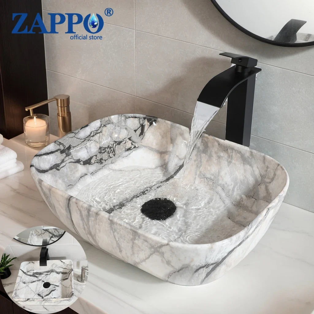 Torayvino Marble Pattern Ceramic Vessel Sink Set Matte Faucet