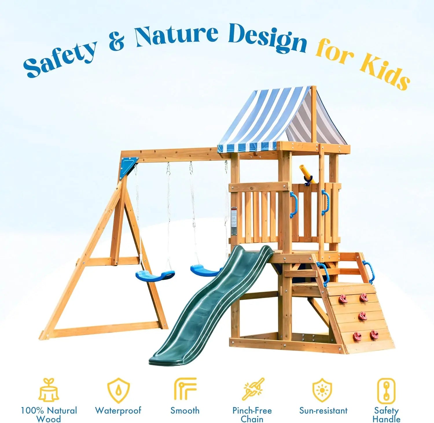 Rolife Wooden Swing Set With Dual Swings Rock Climbing Wall