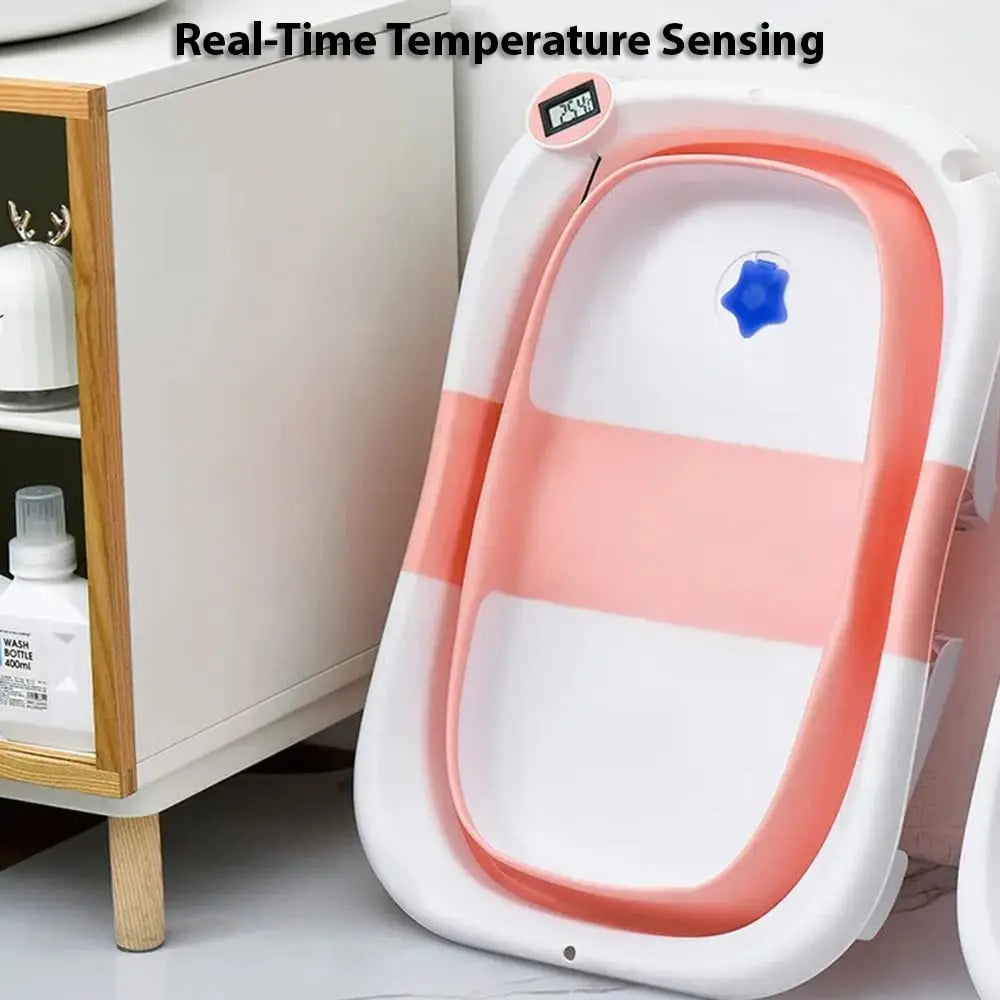 Foldable Baby Bath Tub With Cushion Thermometer Non Slip