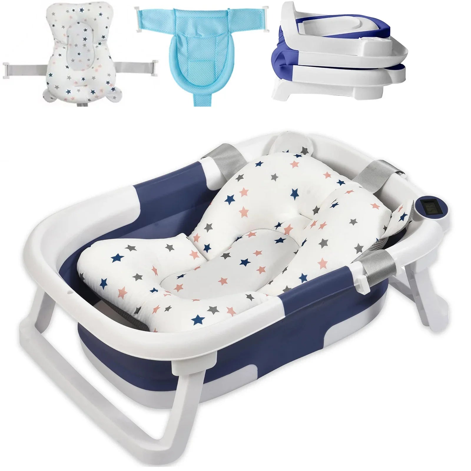 Foldable Baby Bath Tub With Cushion Thermometer Non Slip