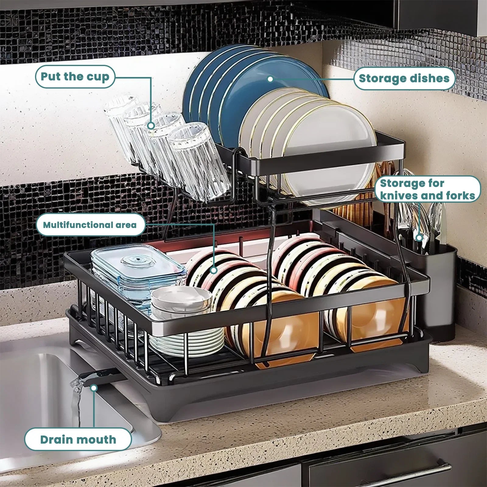 Two-Tier Dish Drying Rack for Kitchen Countertop