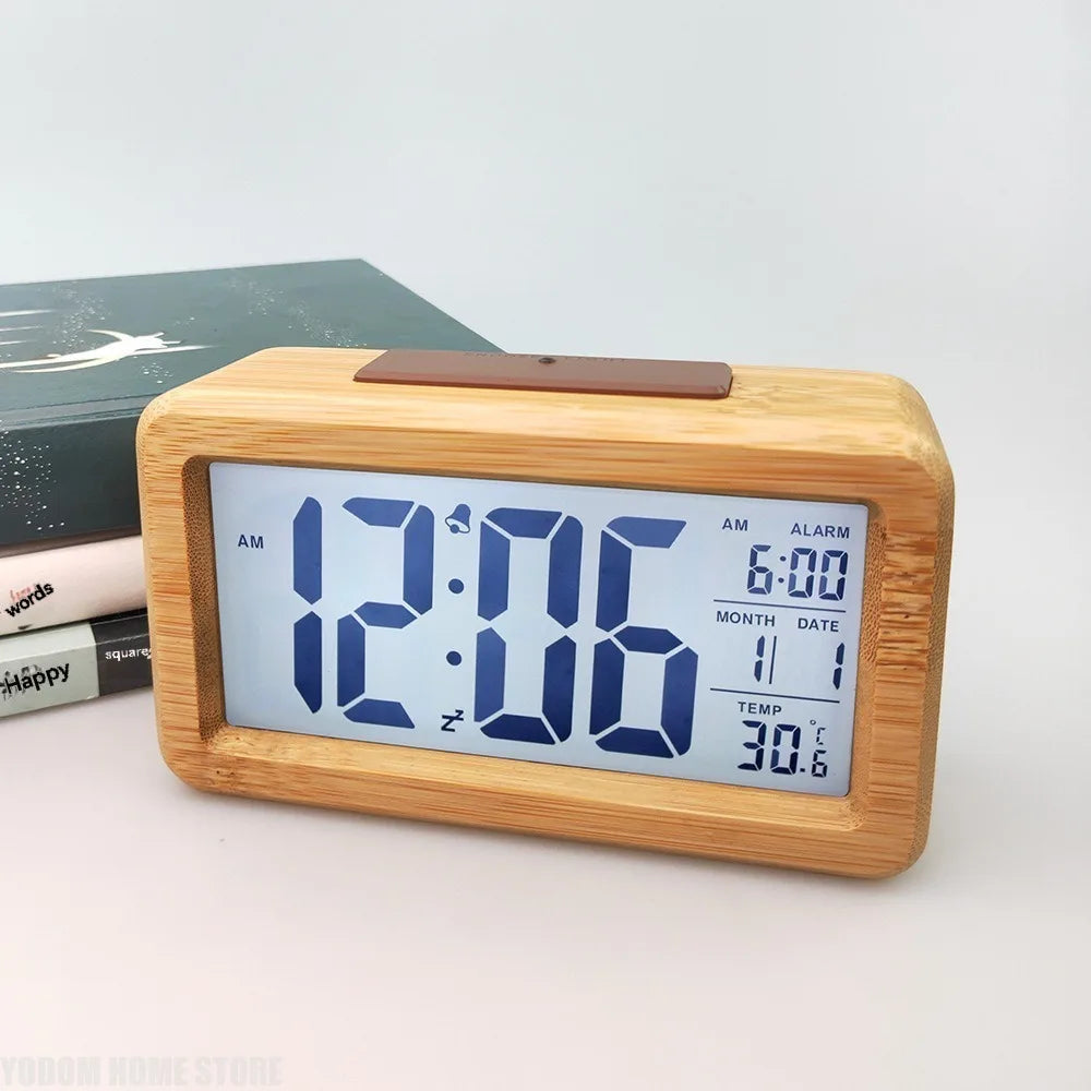 Wooden LED Digital Alarm Clock With Snooze Date Temperature