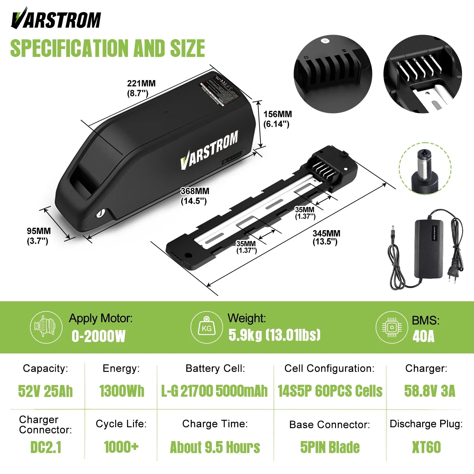 Varstrom Ebike Battery 48V 20Ah 40A BMS Downtube Pack
