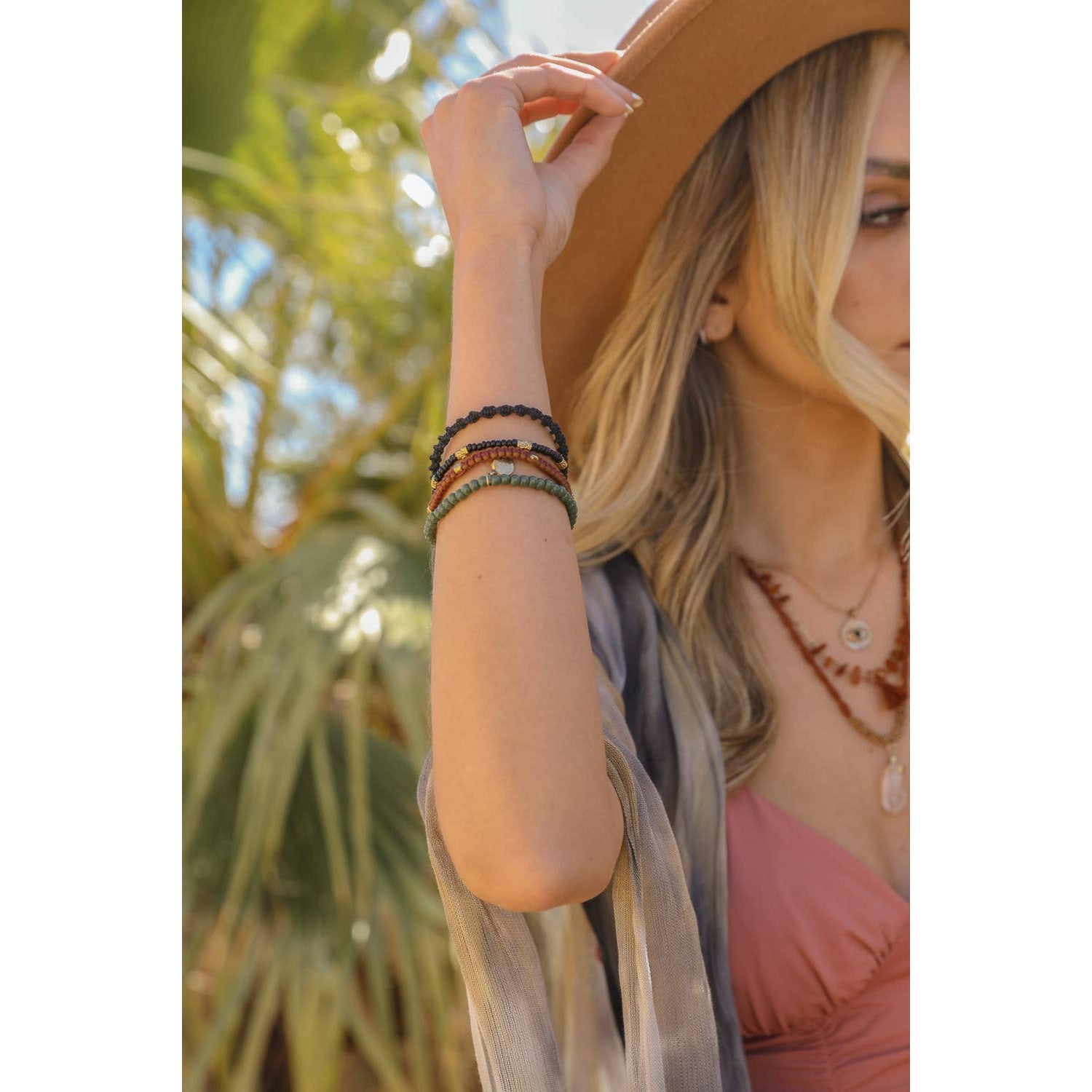 Stackable Bead and Woven Cord Stack of 5 Bracelets | Cute & Trendy Adjustable Stacked Fashion Jewelry