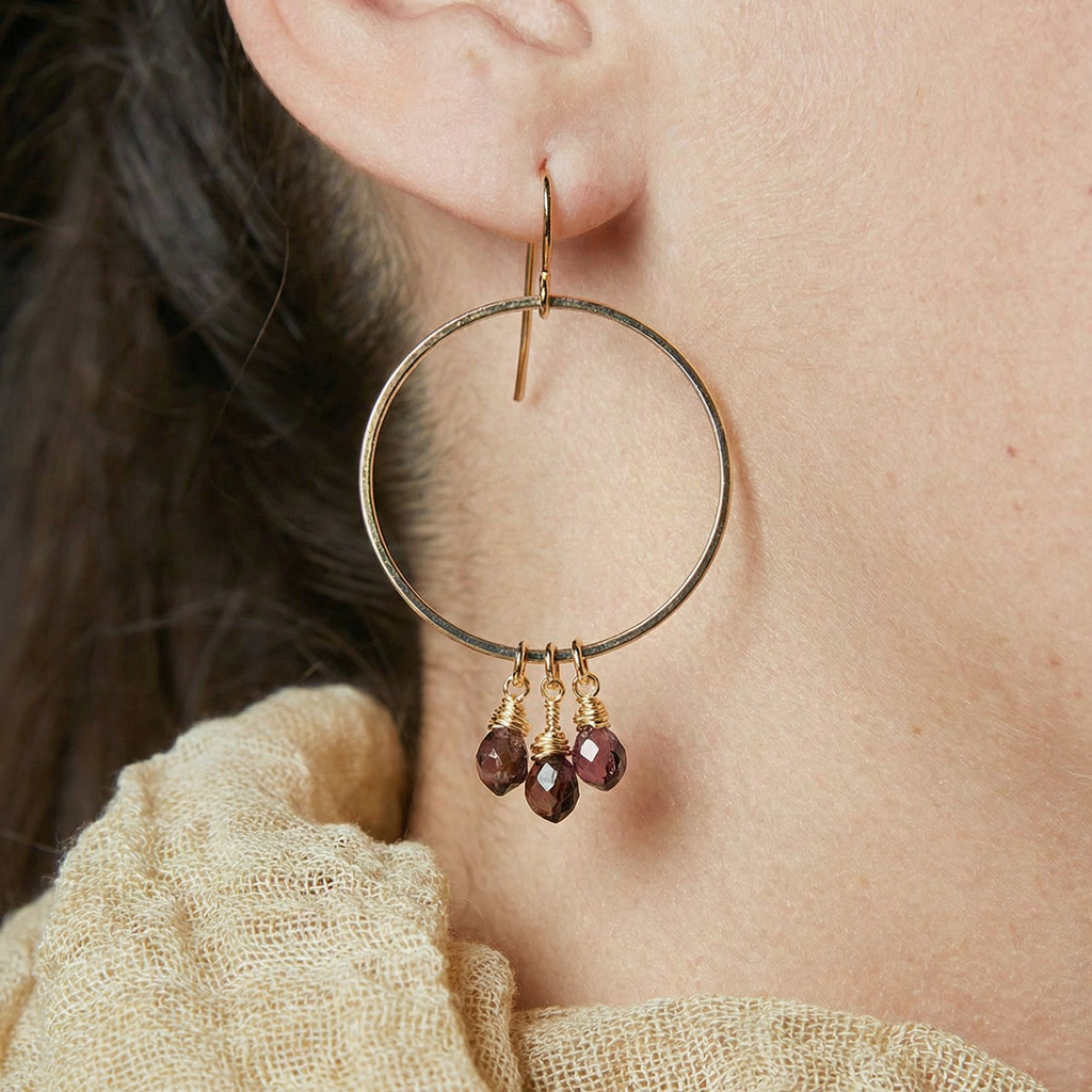 Violet Glass Beads Dangle Hoops Earrings | Glass Crystal Gemstones
