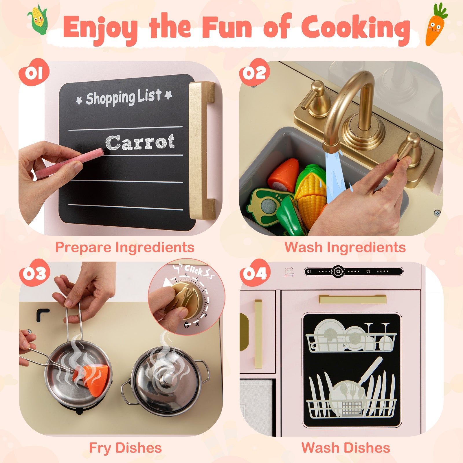 Wooden Kids Kitchen Playset with Chalkboard Ice Maker Sink Lighted Microwave-Pink