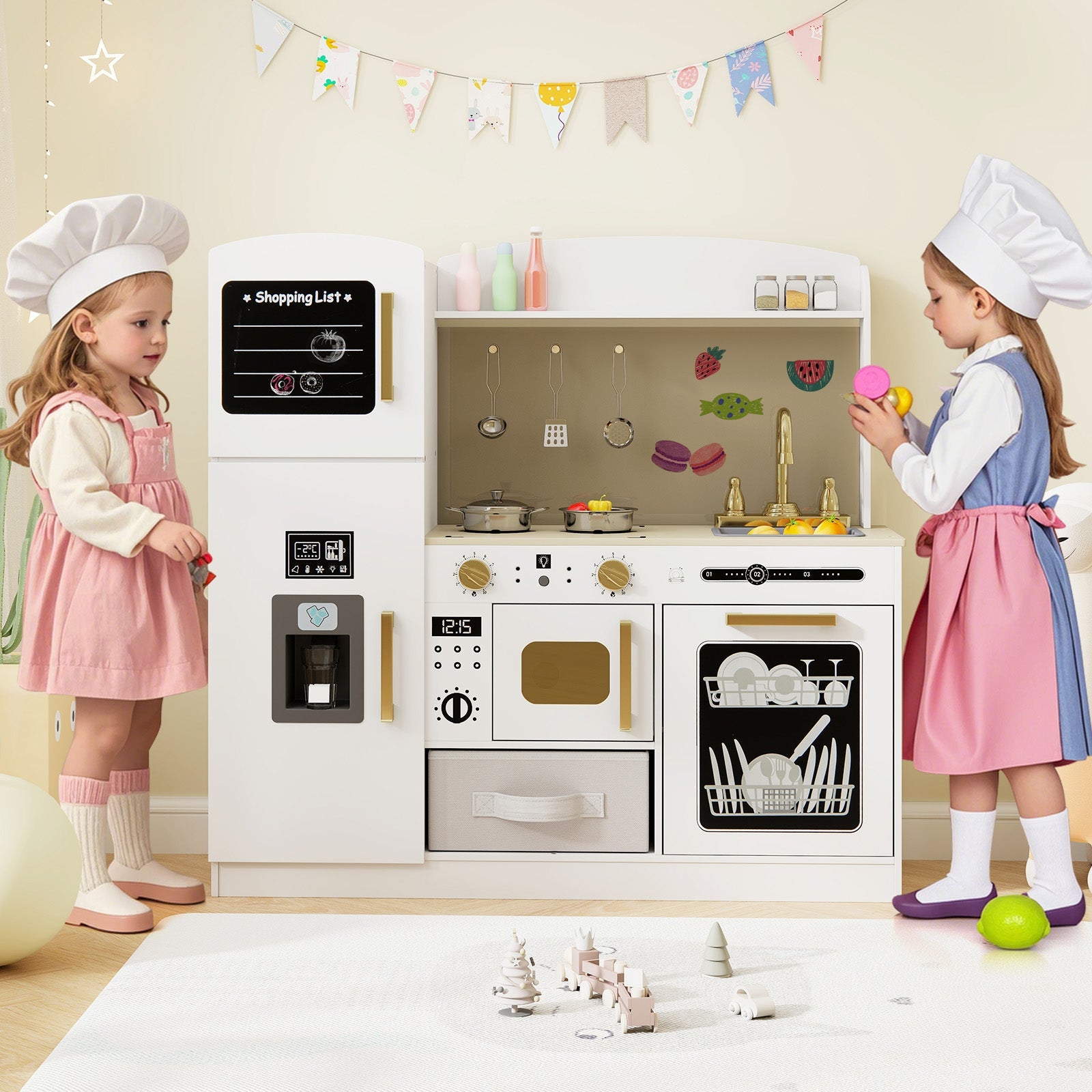 Wooden Kids Kitchen Playset with Chalkboard Ice Maker Sink Lighted Microwave-White