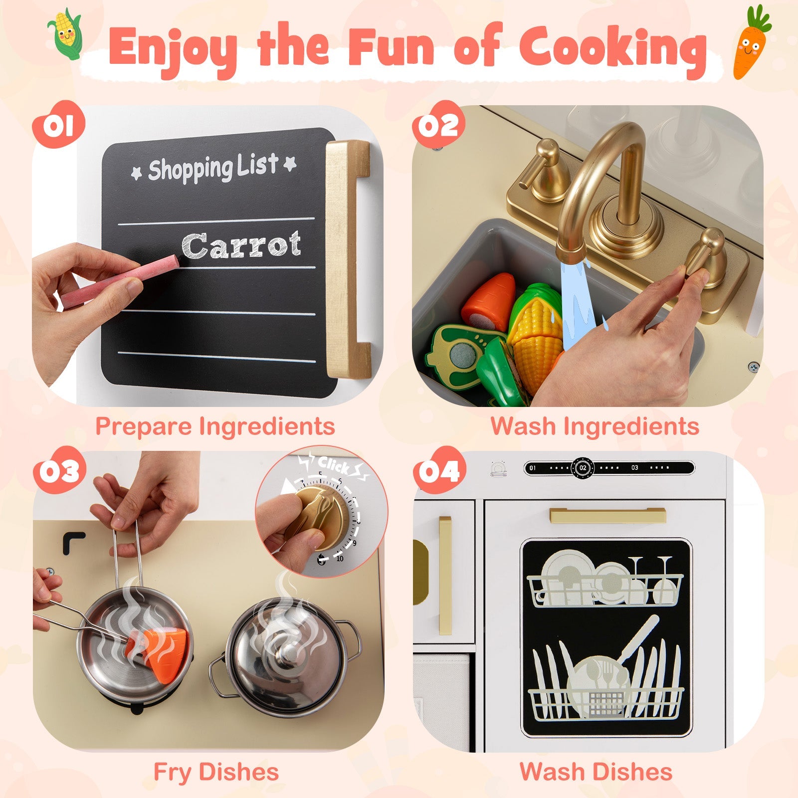Wooden Kids Kitchen Playset with Chalkboard Ice Maker Sink Lighted Microwave-White