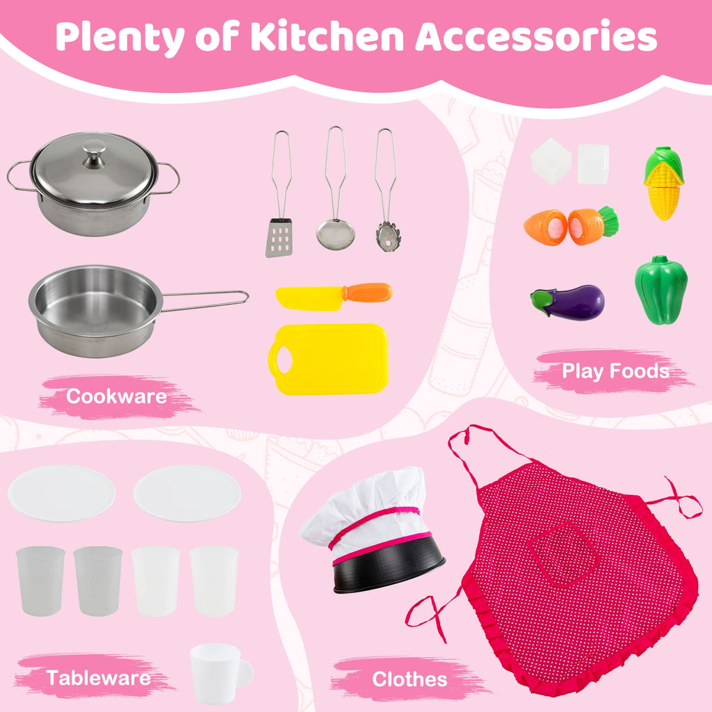 Wooden Kitchen Playset with Lights and Sounds for Ages 3+-Pink