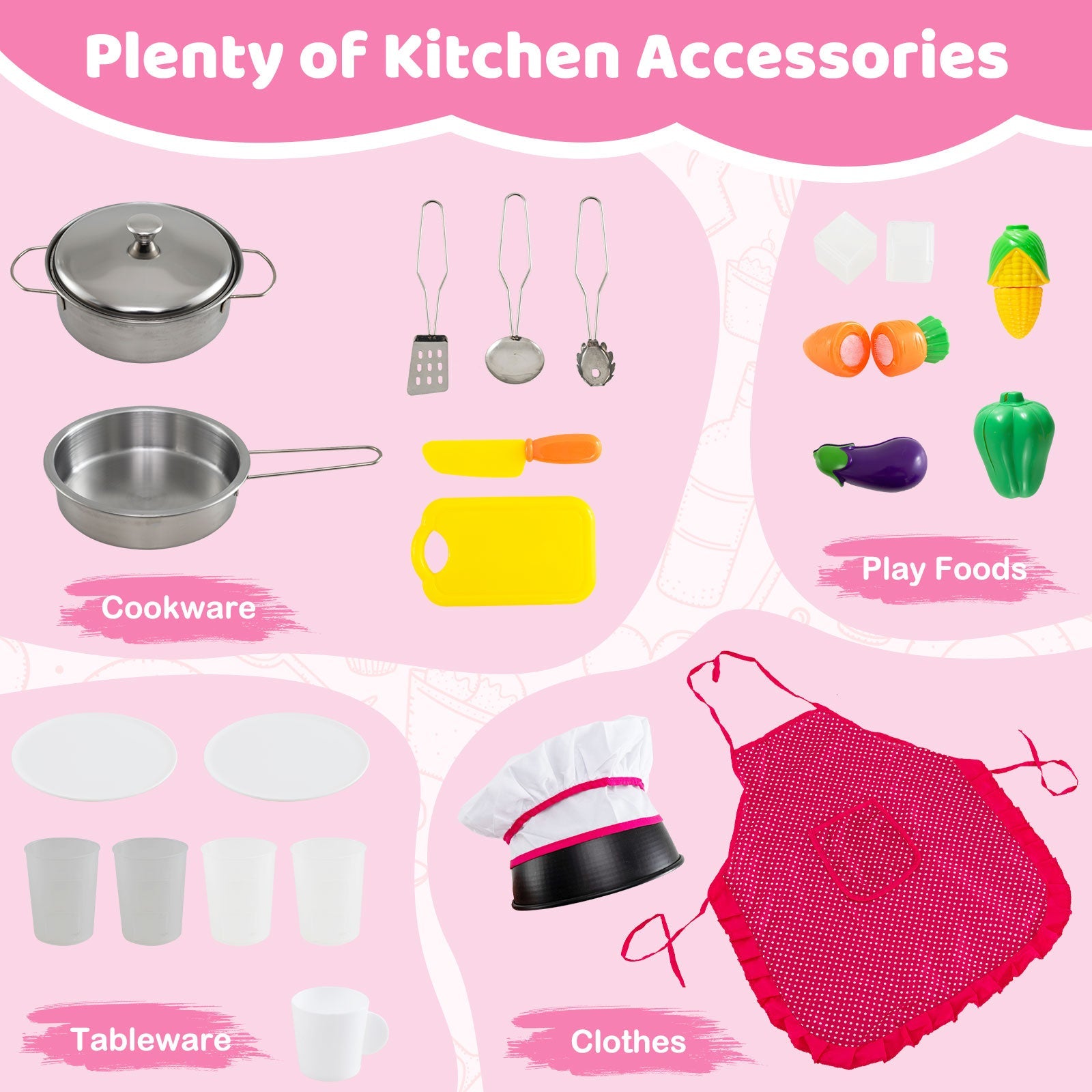 Wooden Kitchen Playset with Lights and Sounds for Ages 3+-Pink