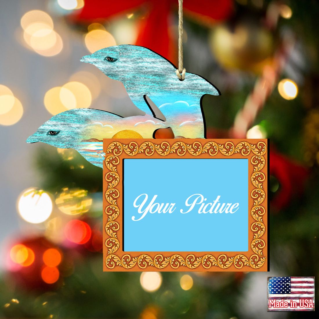 Twin Dolphins Coastal Picture Frame Ornaments - Ornament for Photo - Coastal Holiday Decor - 8198519PF