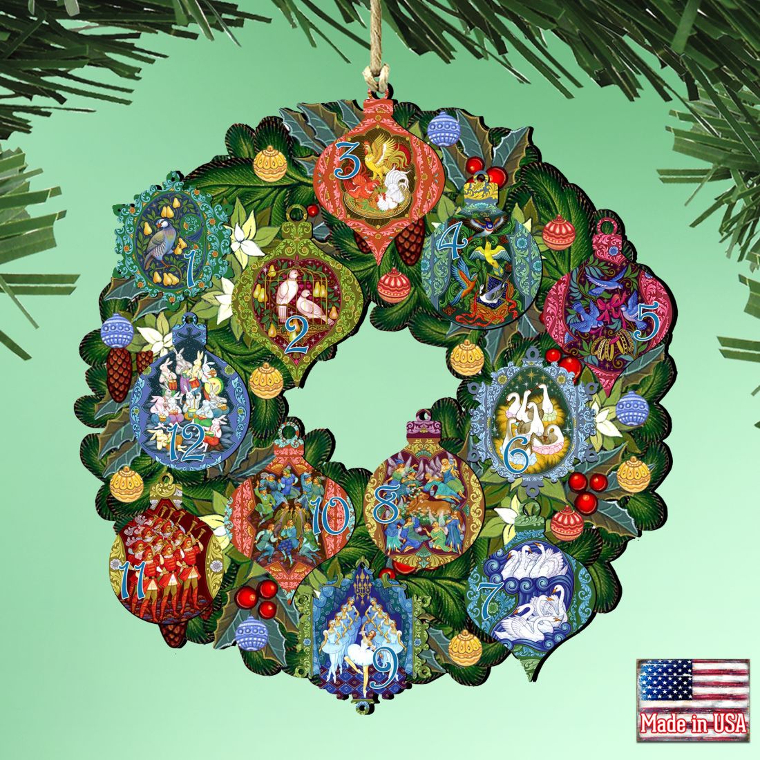 12 Days of Christmas Wreath Wooden Ornaments by G. Debrekht - Christmas Decor - 8185313