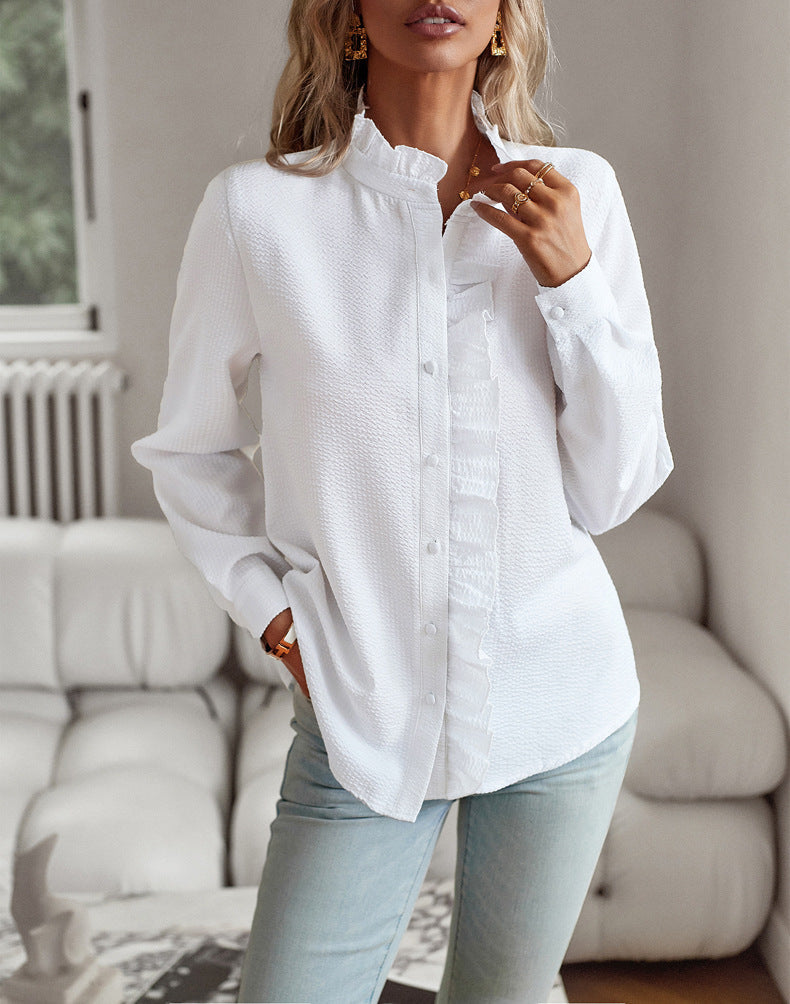 Women’s Striped Ruffle Button-Up Blouse – Long Sleeve
