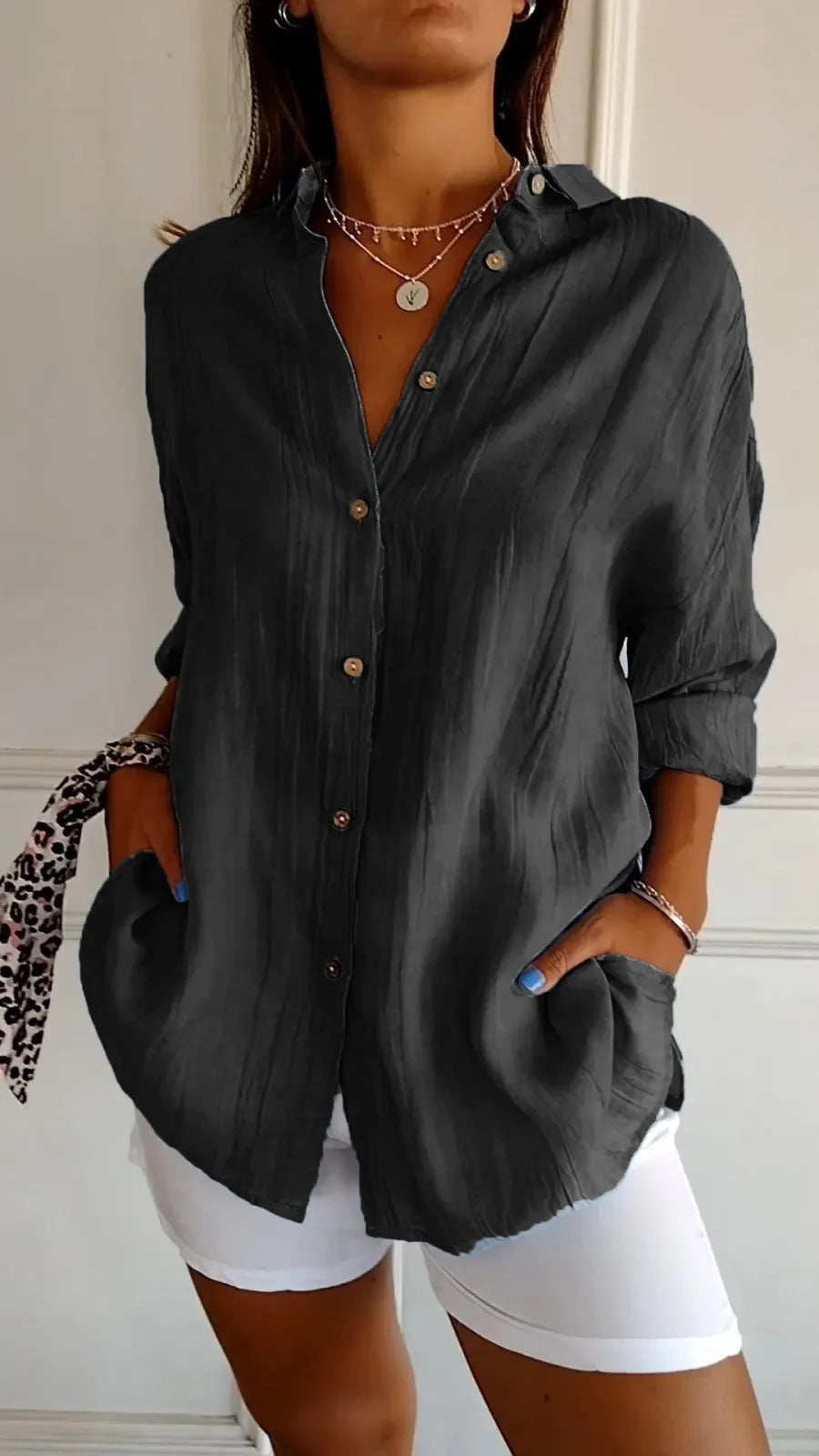 Women’s Lapel Long Sleeve Cardigan Shirt – Single-Breasted Pleated