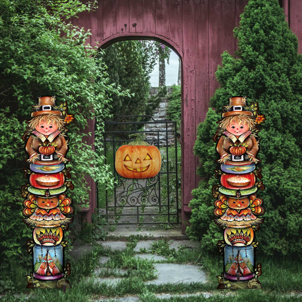 Turkey and Friends Set of 2 Walkway Greeters Outdoor by Jamie Mills-Price - Thanksgiving Halloween Decor - 8457805F-S2