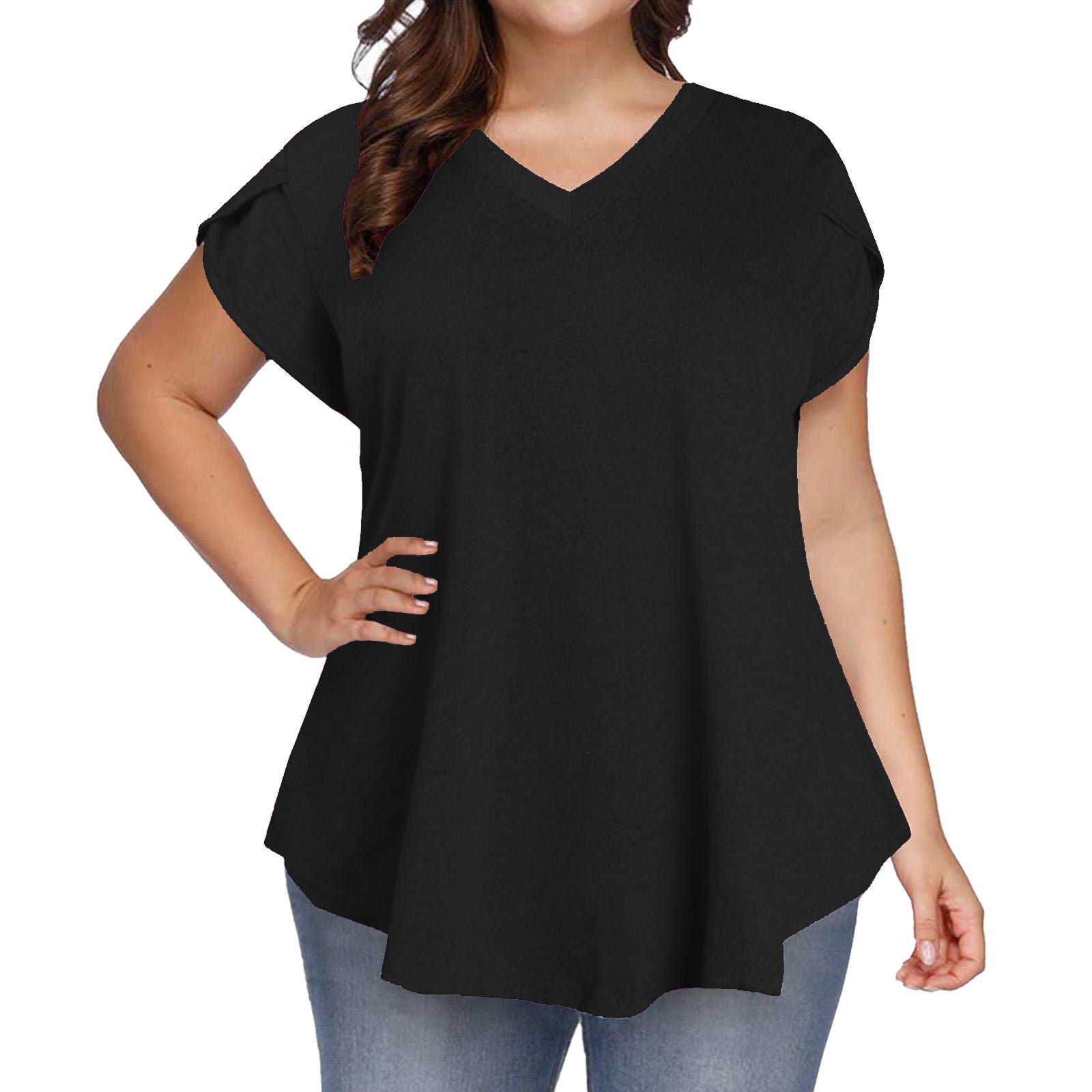 V-Neck Petal Sleeve Relaxed-Fit Top – Casual Street Style