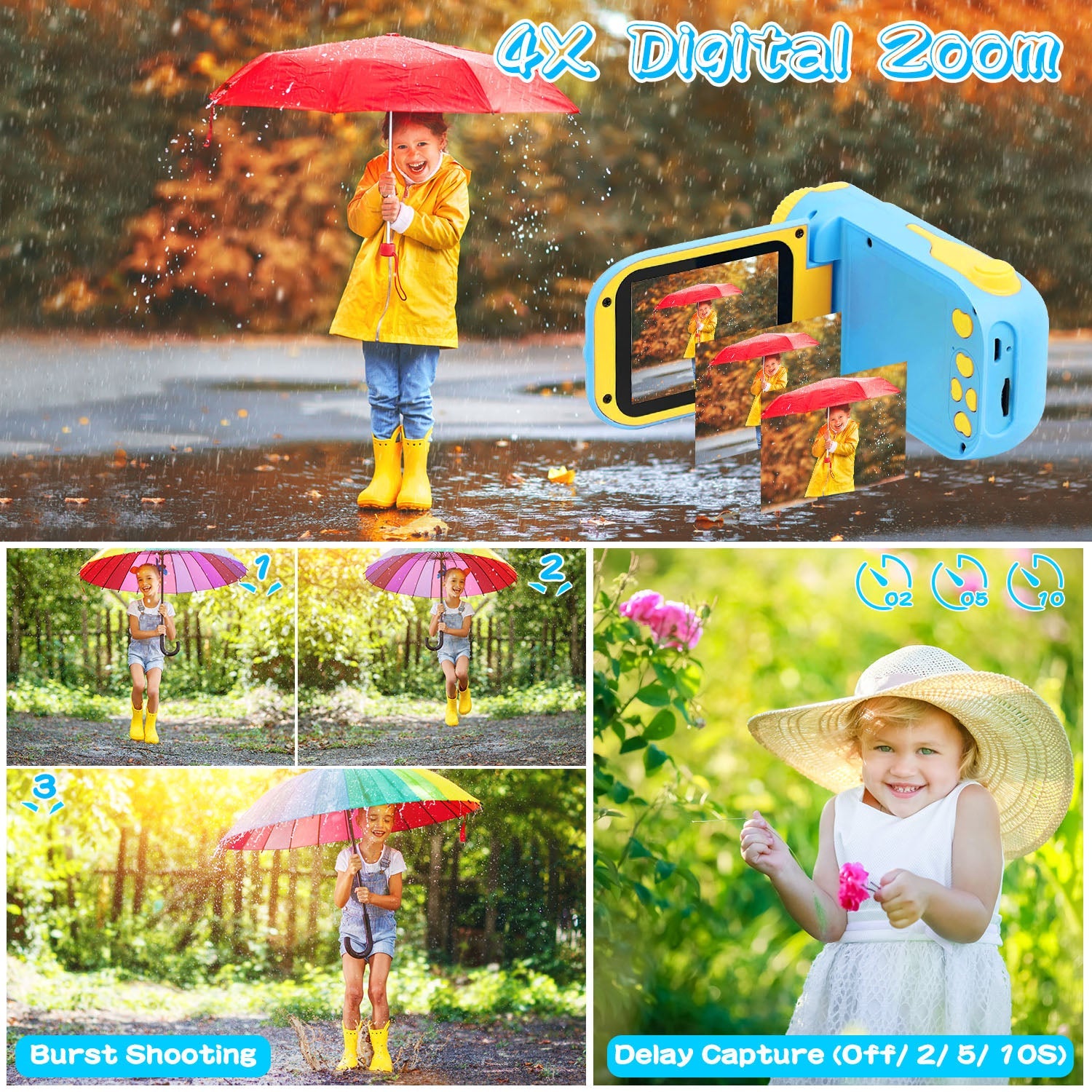 Kids Digital Camera Child Video Camera Children Camcorder Christmas Toy Birthday Gifts with 2.4in Screen 4X Digital Zoom 5 Games 32G MMC Card for 3-10