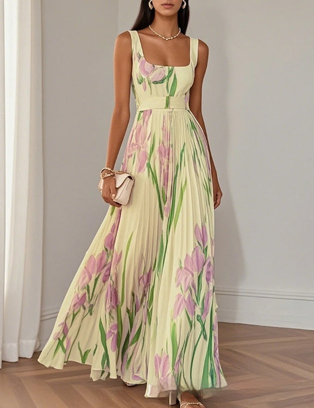 Women's Floral Pleated Maxi Dress — Sleeveless, High Waist, 5 Colors