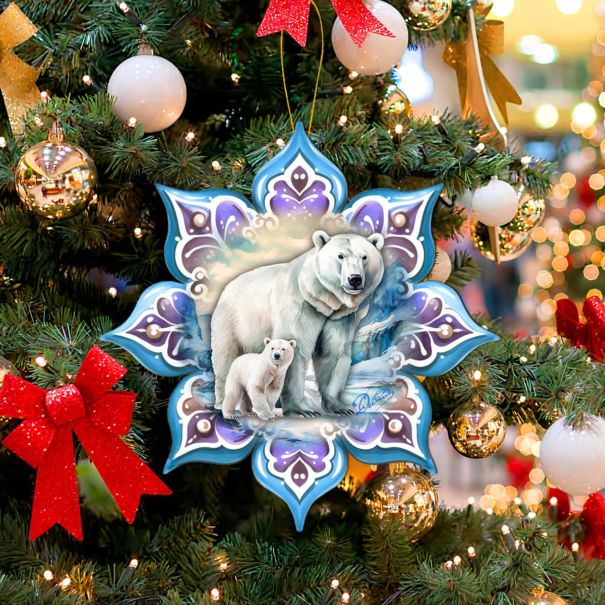 Polar Bear Snowflake Large Wooden Ornament by G. Debrekht - Nature Wildlife Decor - 8688408M