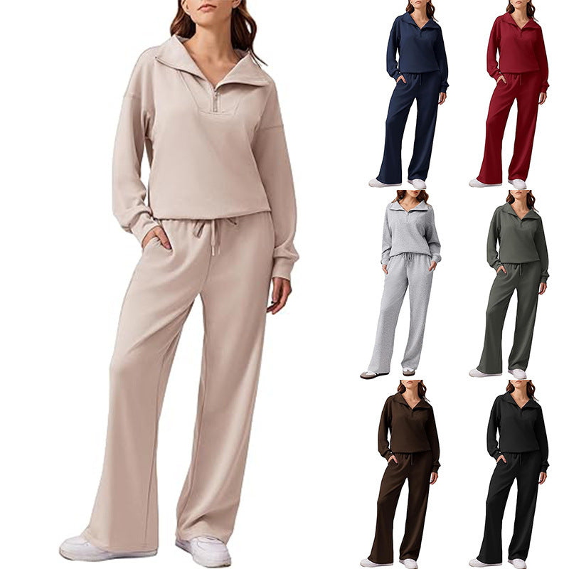 Women’s Casual Two-Piece Set – Lapel Top & Wide-Leg Pants
