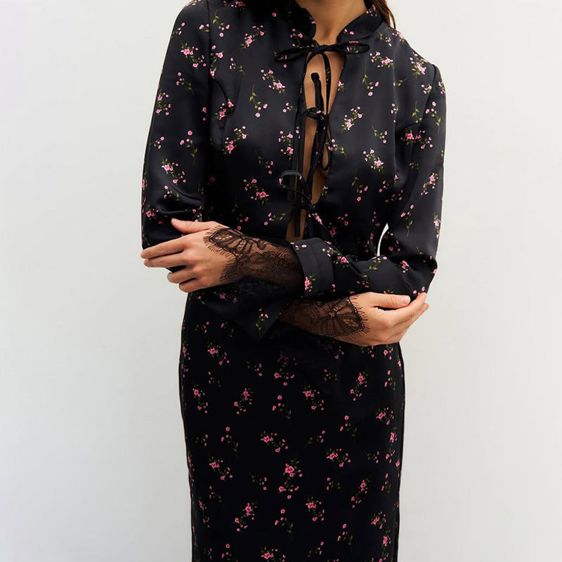 Women's Printed Long-Sleeve Lace Patchwork Two-Piece Skirt Set | S–L