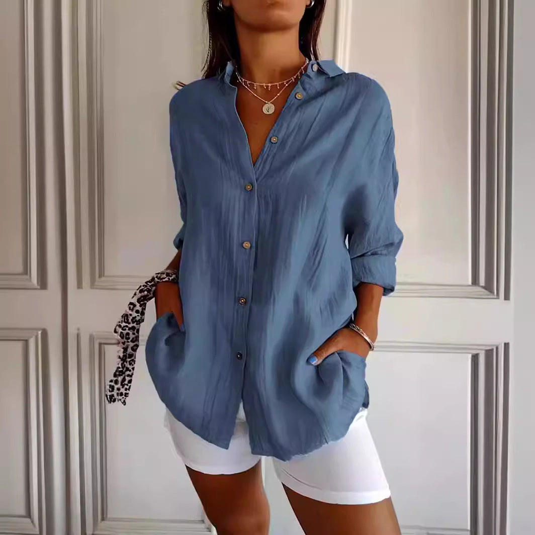 Women’s Lapel Long Sleeve Cardigan Shirt – Single-Breasted Pleated