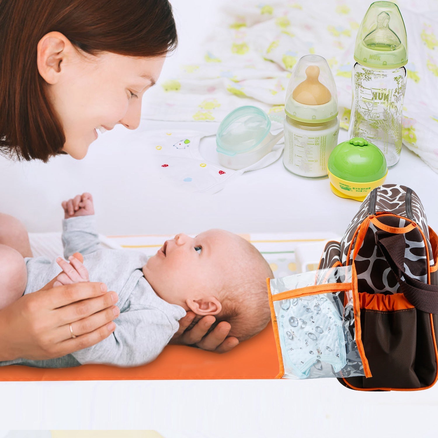 Baby Nappy Diaper Bags Mummy Diaper Duffel Shoulder Bags w/ Wipeable Diaper Changing Pad Transparent Bag Travel Tote Handbags For Overnights