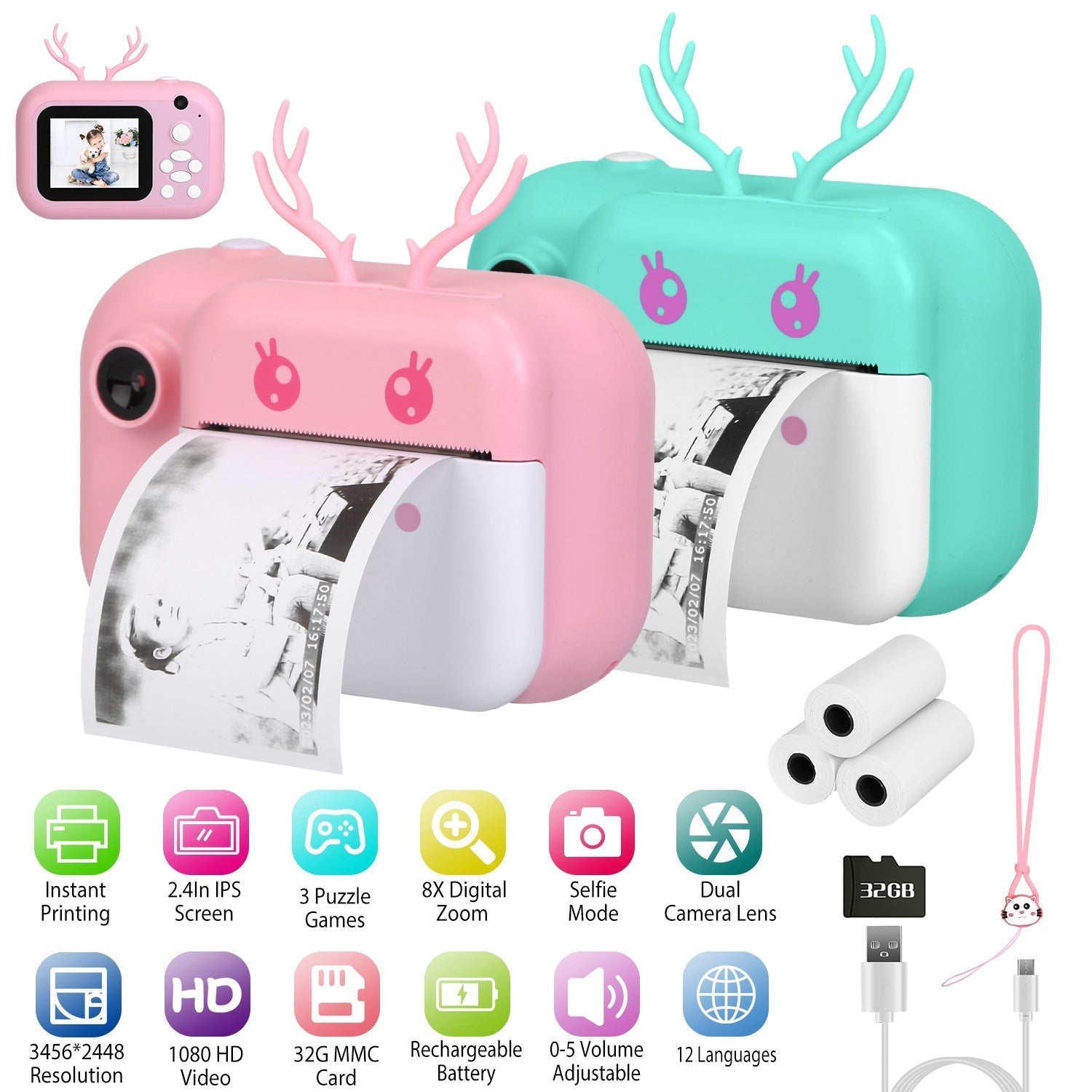 Kids Instant Print Camera 2.4in Digital Zero Ink Selfie Camera 1080P HD Video Recorder Toddler Camera with Dual Lens 3 Roll Print Papers Cute Stickers