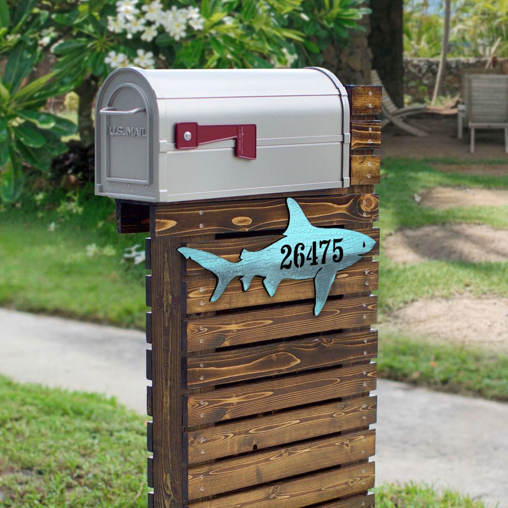 Shark Coastal Wooden Personalized House Number Sign by G. Debrekht - Coastal Sea-Life Decor - Handcrafted Wooden Handcrafted Wooden Handcrafted Wooden Address Sign - MA98515