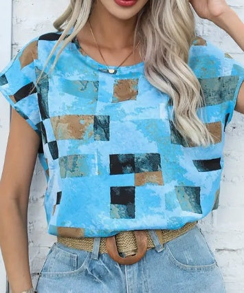 Women’s Geometric Aztec Print Blouse – Crew Neck
