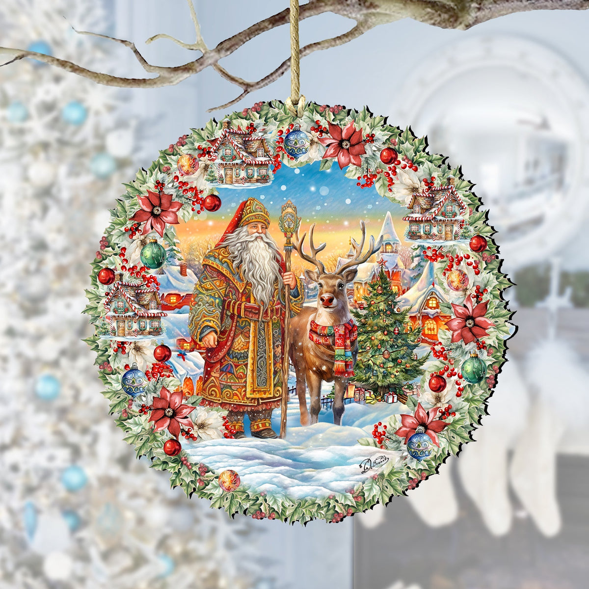 Santa's Magical Cottage Wreath Wooden Ornaments by G. Debrekht Christmas Santa Snowman Decor - 8611066