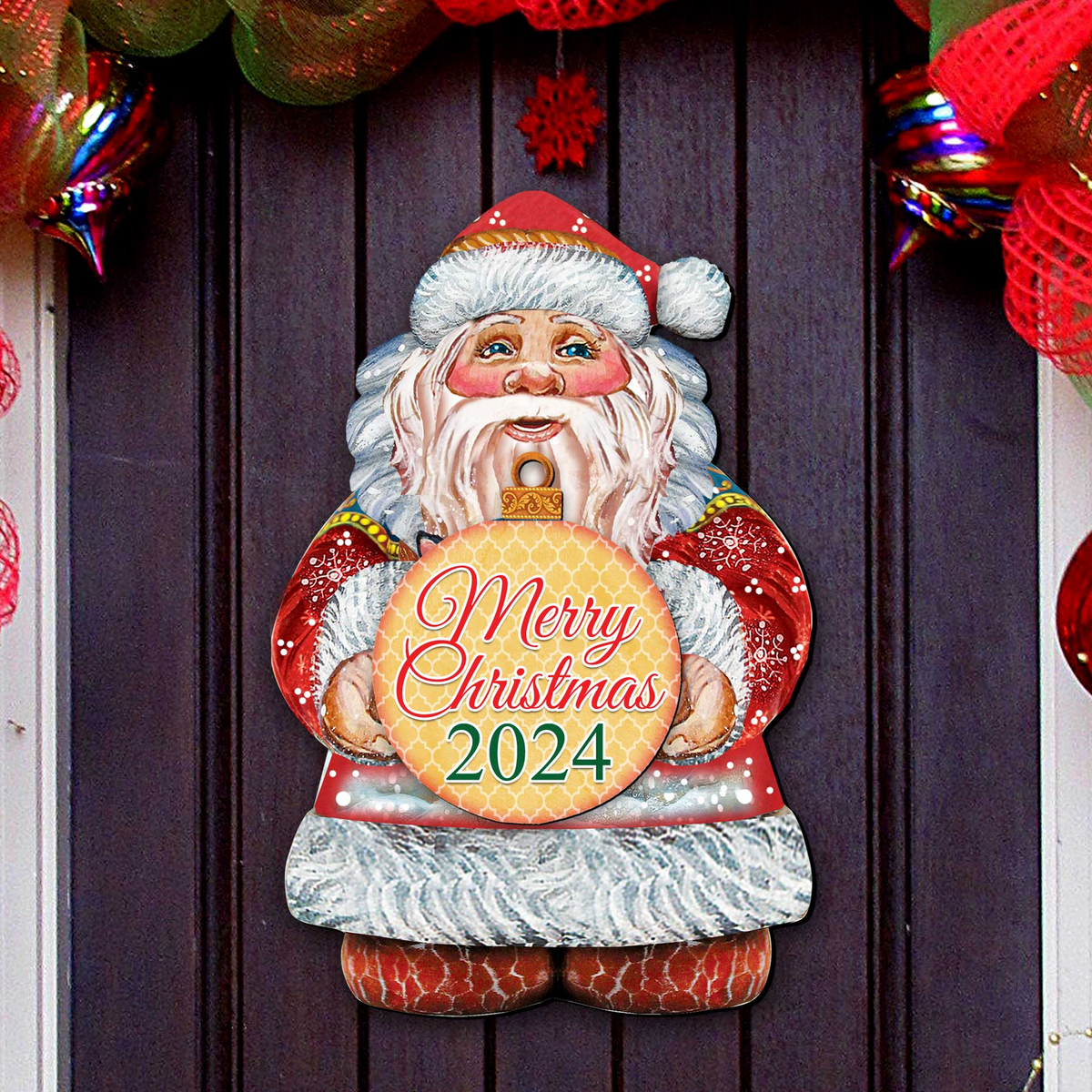 2024 Dated Merry Christmas Santa Door Hanger by G. Debrekht - Christmas Santa Snowman Decor - 8117810H-MC-D24