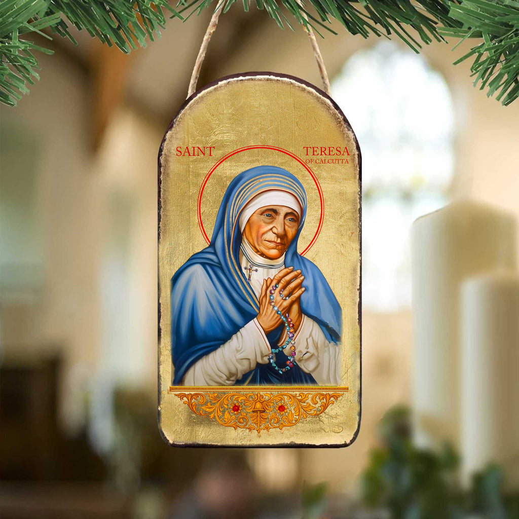 Saint Teresa Icon Ornament - Handcrafted Wooden Byzantine Style Gold Plated Decor - 87064