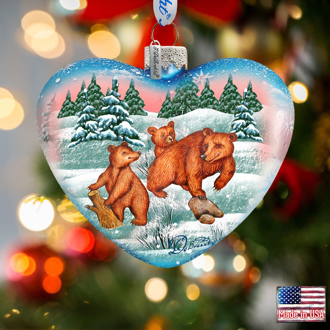Kodiak Family Heart Glass Ornament by G. DeBrekht - Wildlife Holiday Decor - 73432