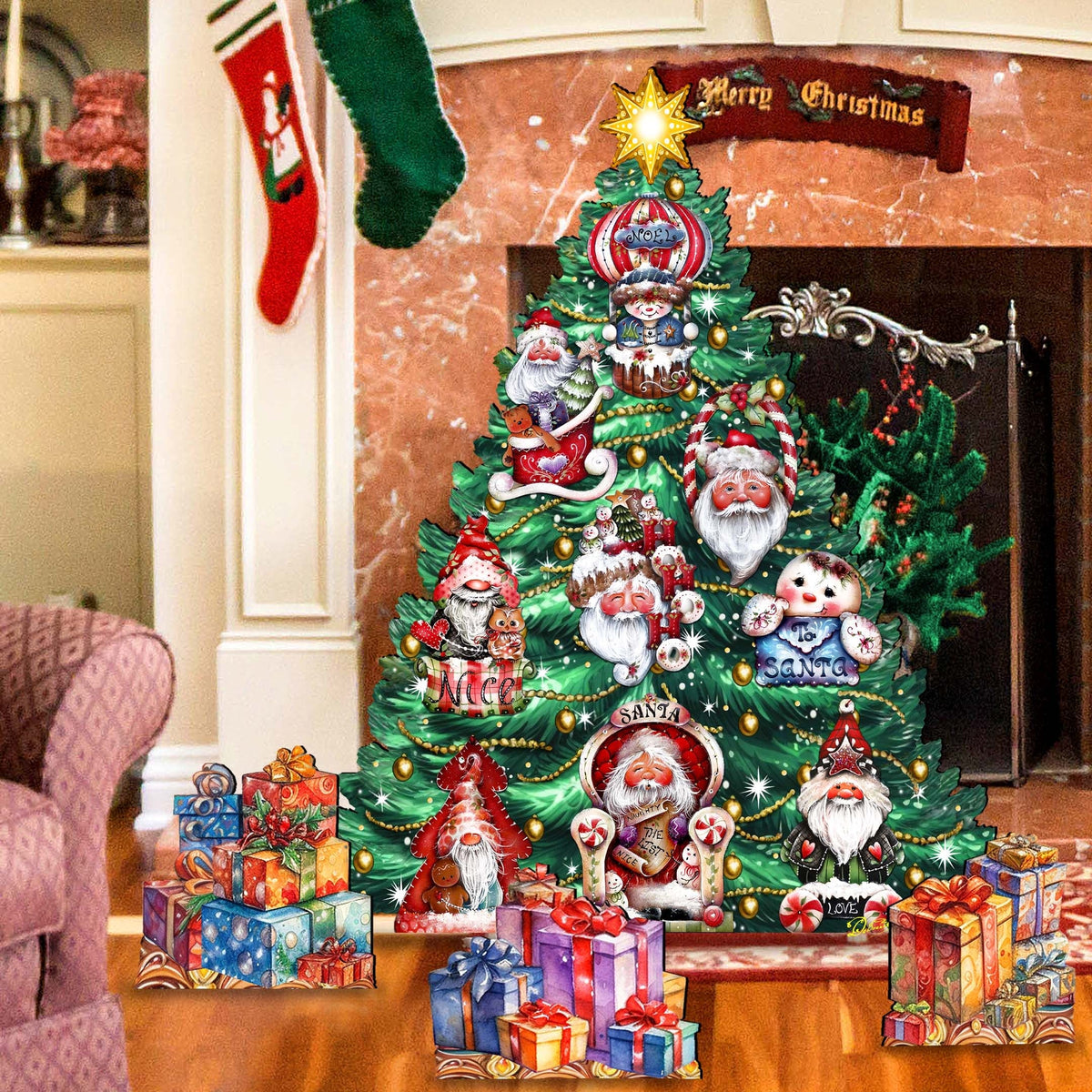 Santa-Themed Christmas Tree Set Outdoor Indoor Decor Wooden Christmas Decoration by Jamie Mills-Price - Christmas Decor - 8191509F-G