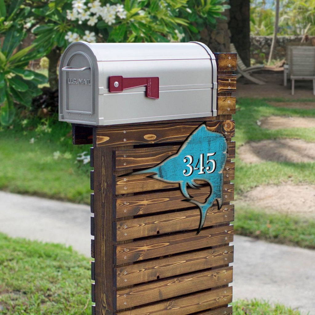 Swordfish Coastal Personalized House Number Sign by G. Debrekht - Coastal Sea-Life Decor - Handcrafted Wooden Handcrafted Wooden Handcrafted Wooden Address Sign - MA98549